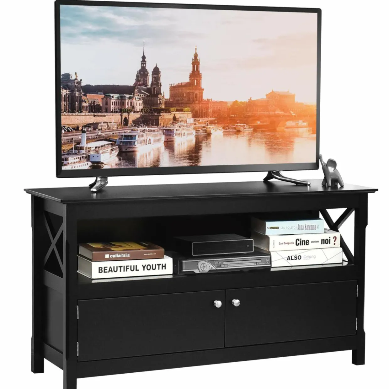 Wooden TV Stand for TVs Up to 50 Inch, X Shape Console Storage Cabinet