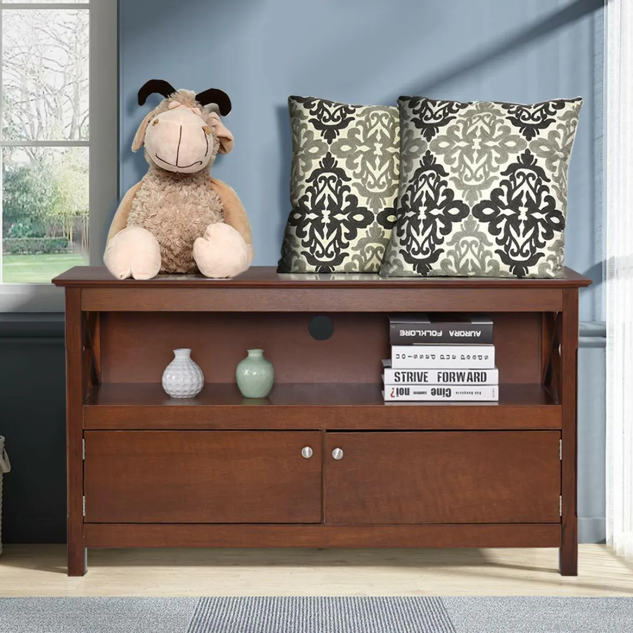 Wooden TV Stand for TVs Up to 50 Inch, X Shape Console Storage Cabinet