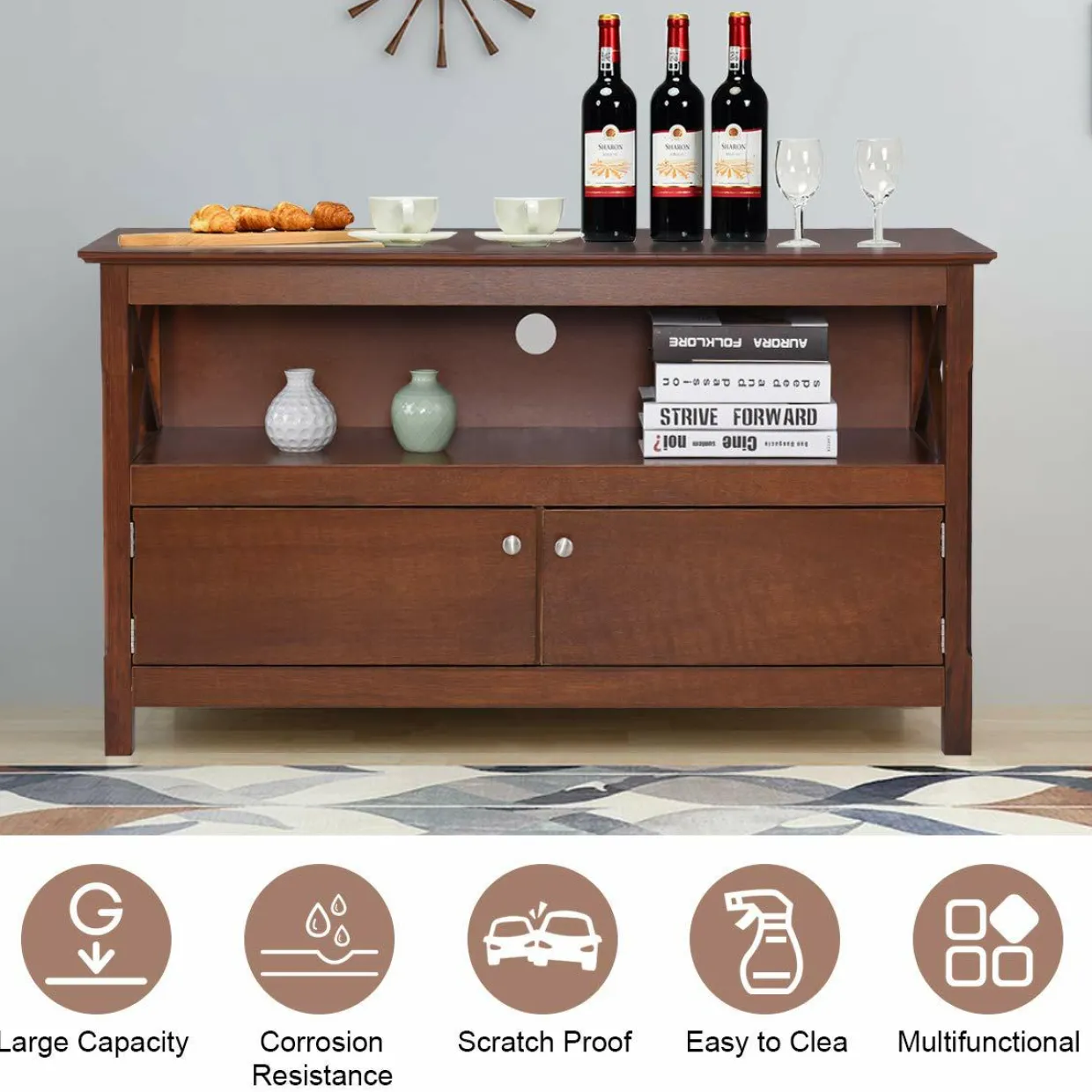 Wooden TV Stand for TVs Up to 50 Inch, X Shape Console Storage Cabinet