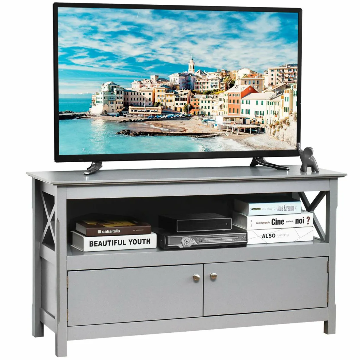 Wooden TV Stand for TVs Up to 50 Inch, X Shape Console Storage Cabinet