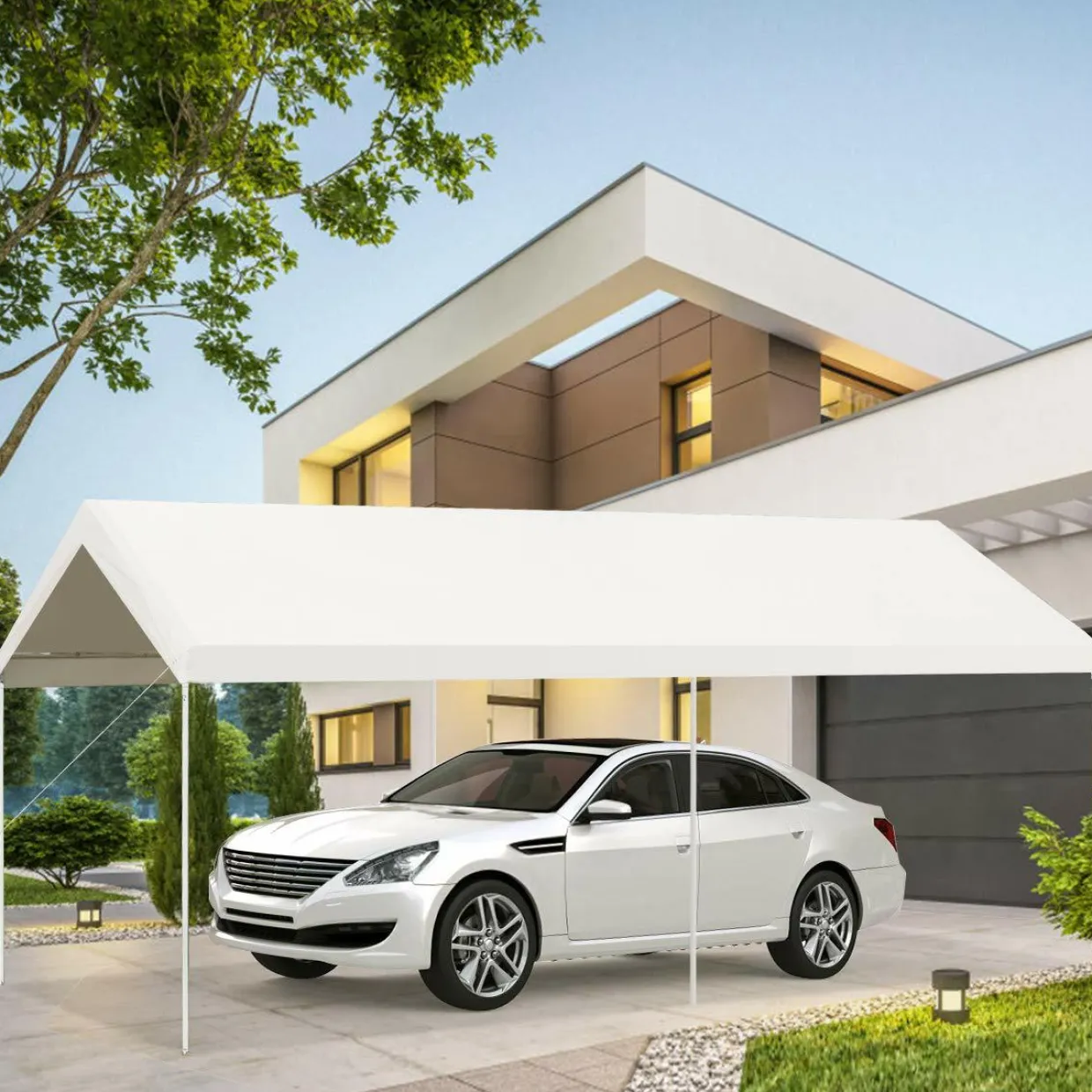 10 x 20 Feet Carport, Waterproof Car Canopy with 6 Steel Legs, Ball Bungees & Wind Rope