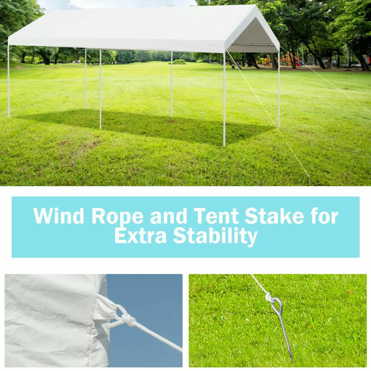 10 x 20 Feet Carport, Waterproof Car Canopy with 6 Steel Legs, Ball Bungees & Wind Rope