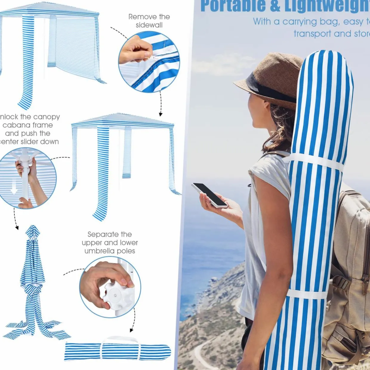 6.6' x 6.6' Foldable Beach Cabana, Easy Set-up Portable Beach Canopy w/ Carry Bag
