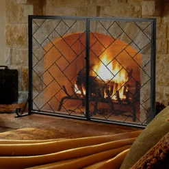44.5 x 33.5 Inch Double-Door Fireplace Screen, 2-Panel Large Flat Wrought Metal Fire Spark Guard Gate Cover for Home