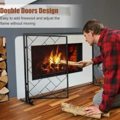 44.5 x 33.5 Inch Double-Door Fireplace Screen, 2-Panel Large Flat Wrought Metal Fire Spark Guard Gate Cover for Home