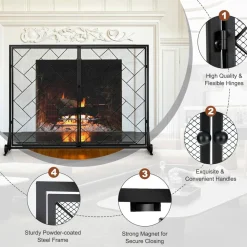 44.5 x 33.5 Inch Double-Door Fireplace Screen, 2-Panel Large Flat Wrought Metal Fire Spark Guard Gate Cover for Home