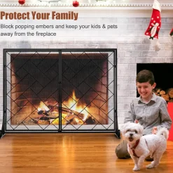 44.5 x 33.5 Inch Double-Door Fireplace Screen, 2-Panel Large Flat Wrought Metal Fire Spark Guard Gate Cover for Home