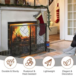 44.5 x 33.5 Inch Double-Door Fireplace Screen, 2-Panel Large Flat Wrought Metal Fire Spark Guard Gate Cover for Home
