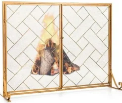 44.5 x 33.5 Inch Double-Door Fireplace Screen, 2-Panel Large Flat Wrought Metal Fire Spark Guard Gate Cover for Home