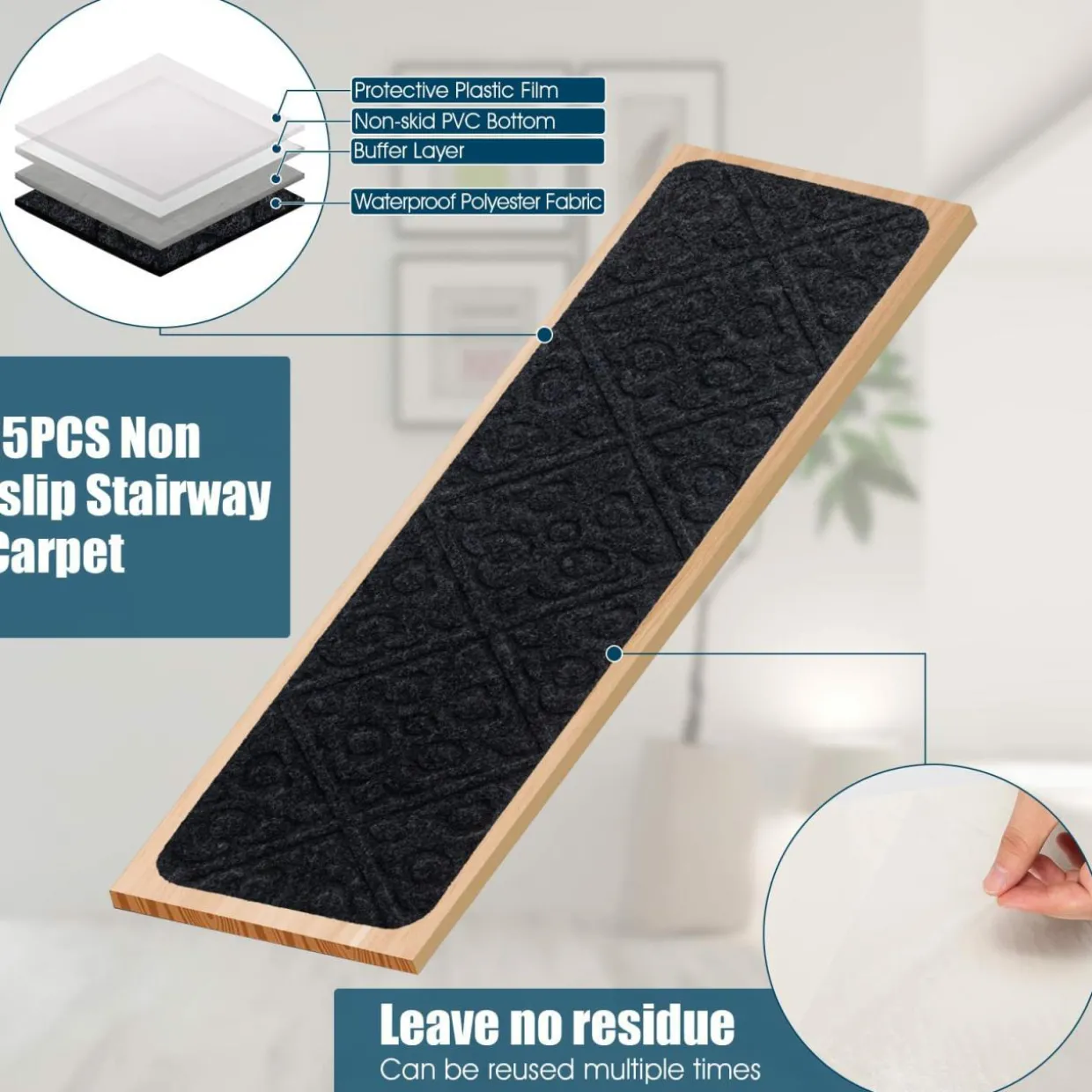 30 x 8 inch Stair Treads Carpets Non-Slip, Set of 15 Stair Runners for Wooden Steps