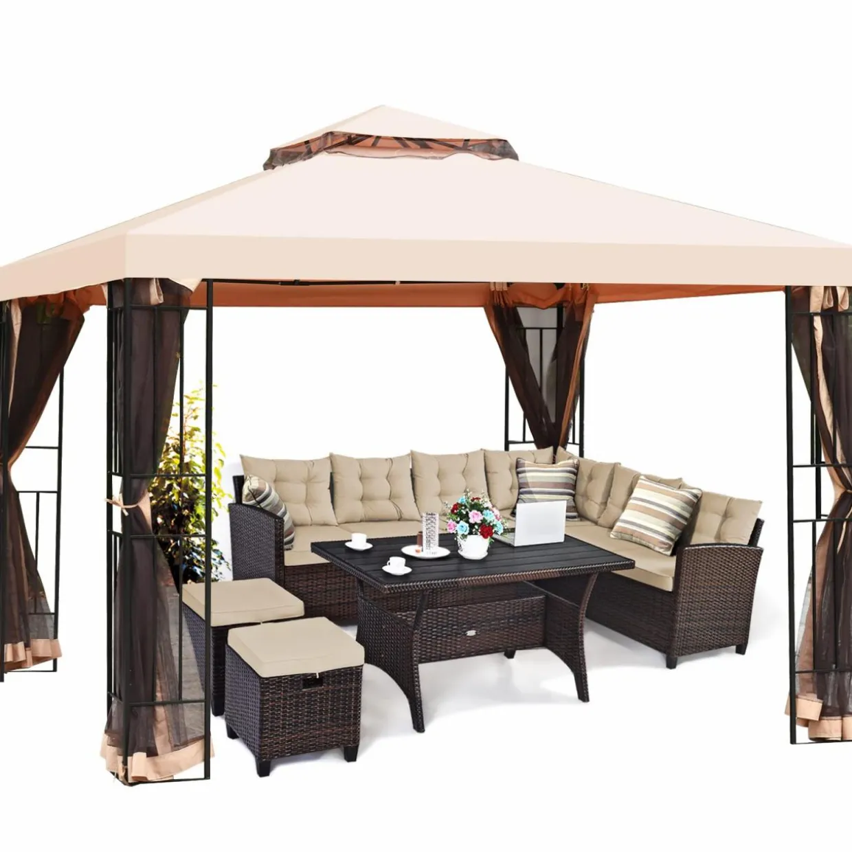 10x10 Feet Patio Gazebo, Outdoor Steel Gazebo with Netting