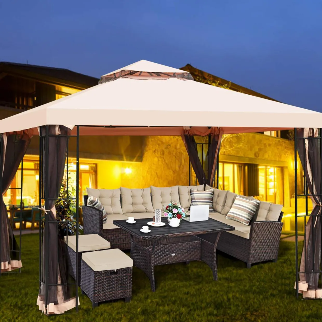 10x10 Feet Patio Gazebo, Outdoor Steel Gazebo with Netting