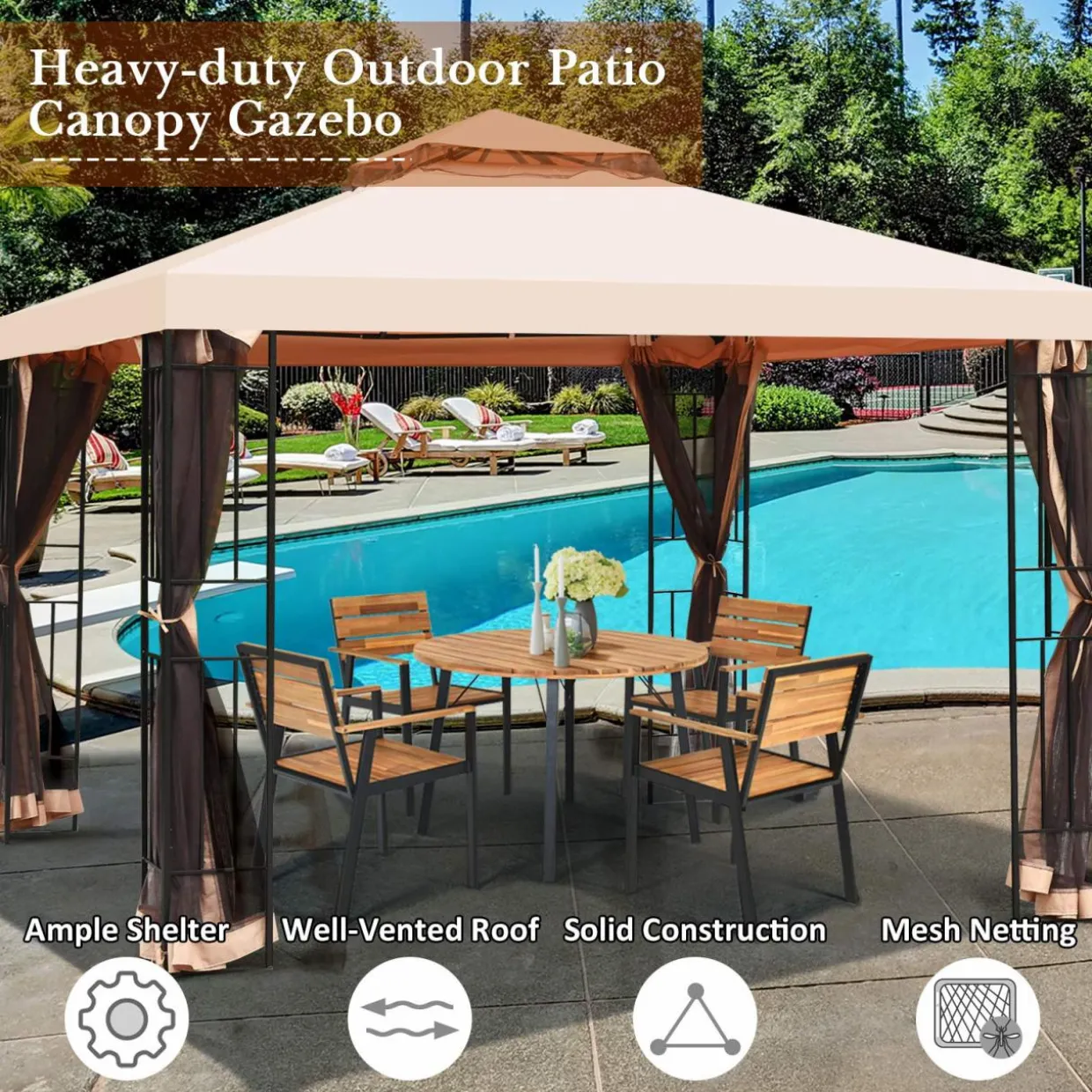 10x10 Feet Patio Gazebo, Outdoor Steel Gazebo with Netting