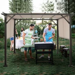 10 X 10FT Outdoor Pergola, Patio Furniture Shade Structure, Outdoor Steel Pergola Gazebo with Retractable Canopy Shades